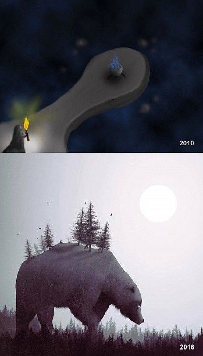 Творческий прогресс работы художников при первых попытках рисовать и через много лет