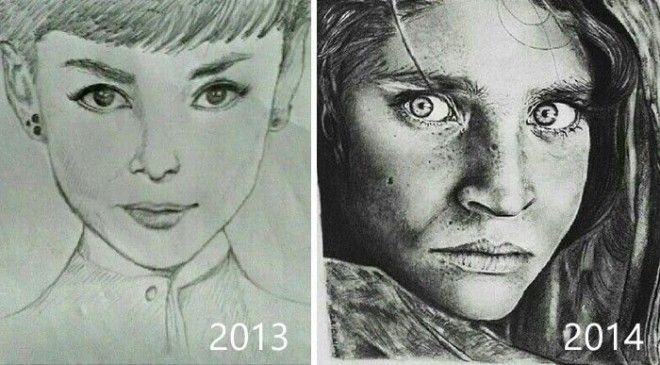 Творческий прогресс работы художников при первых попытках рисовать и через много лет